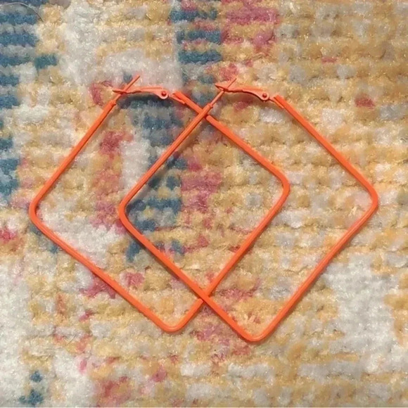 Neon Electric Orange Retro 80’s Large Stainless Steel Square Hoops Earrings NWT - Picture 1 of 2